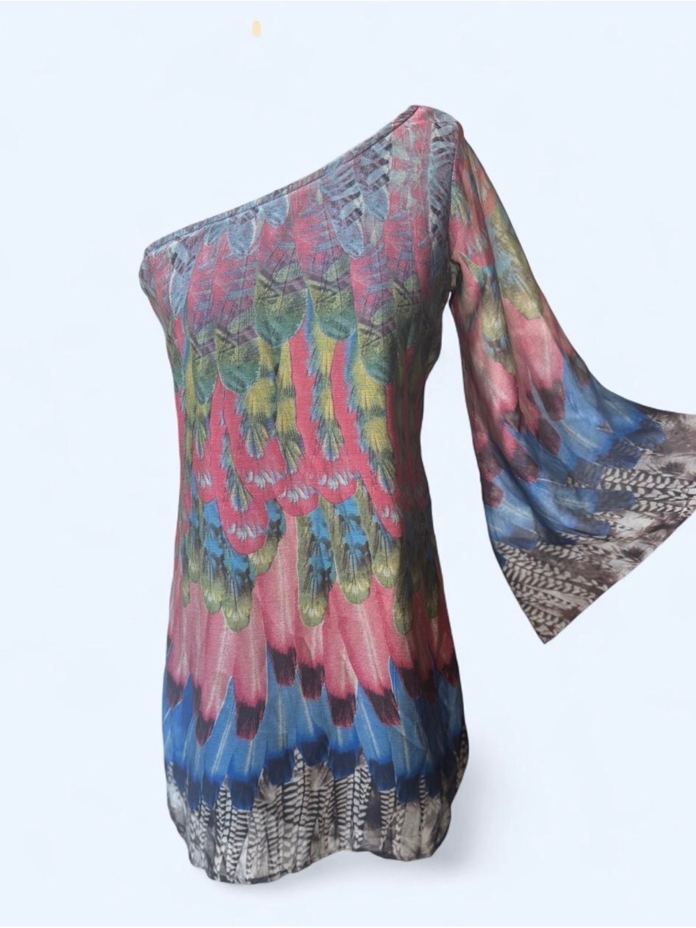 One-Shoulder fairy Multicolor Feather-Print Women's Top